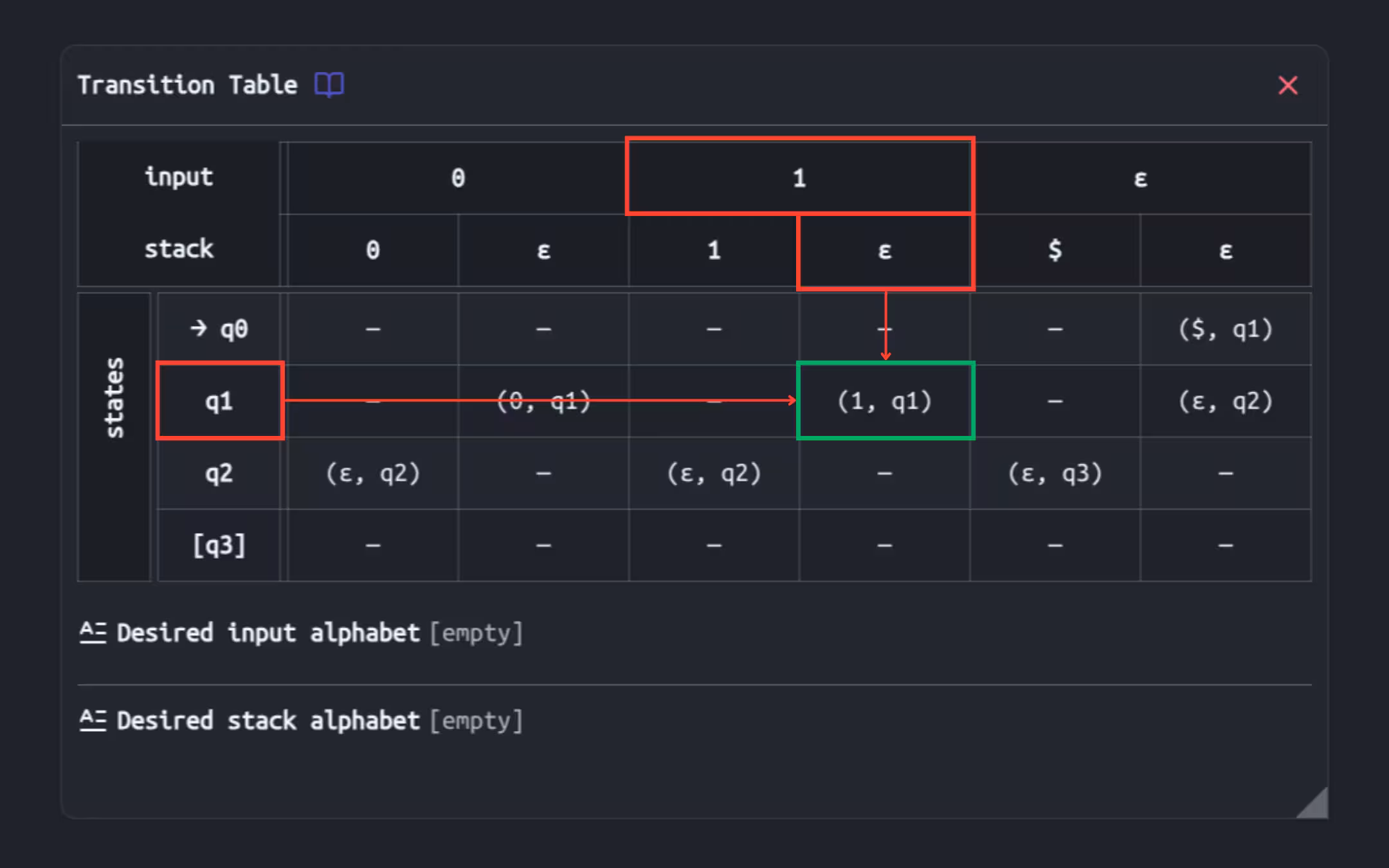 Screenshot of a transition table for a pushdown automaton
